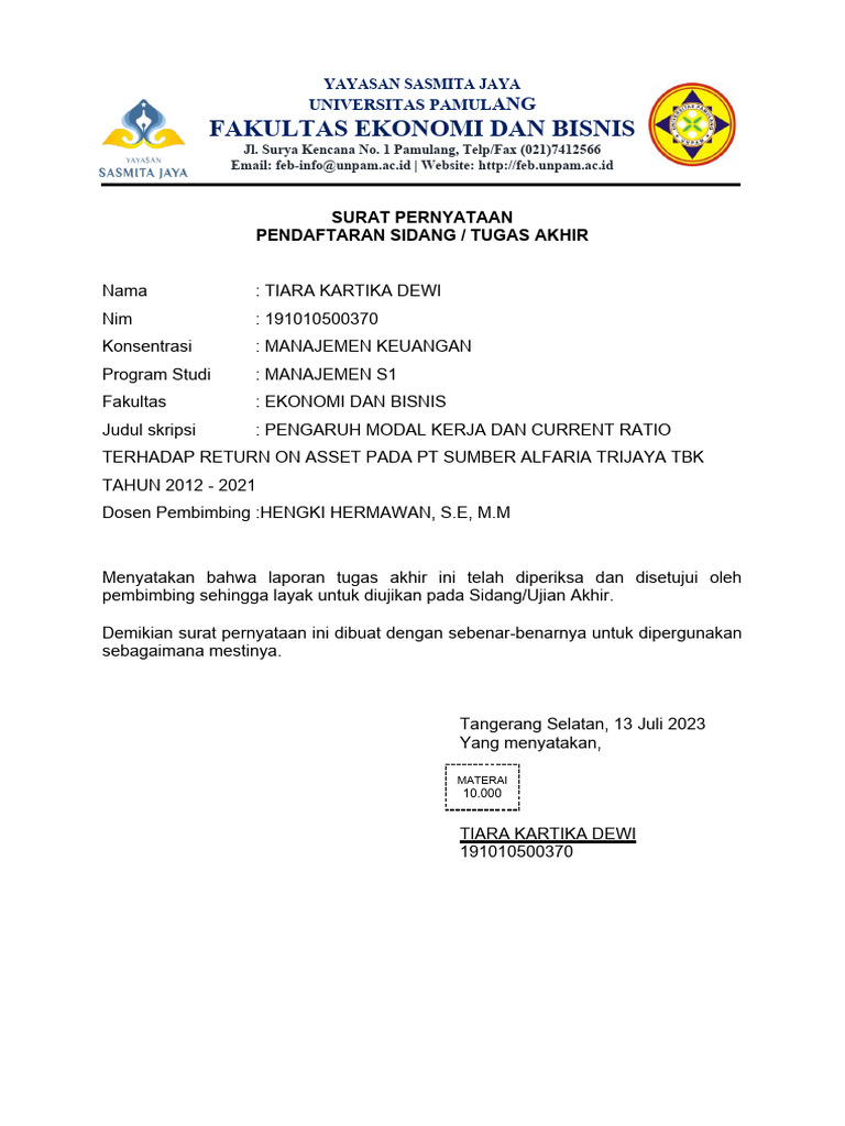 Surat Pernyataan Pendaftaran Sidang Pdf