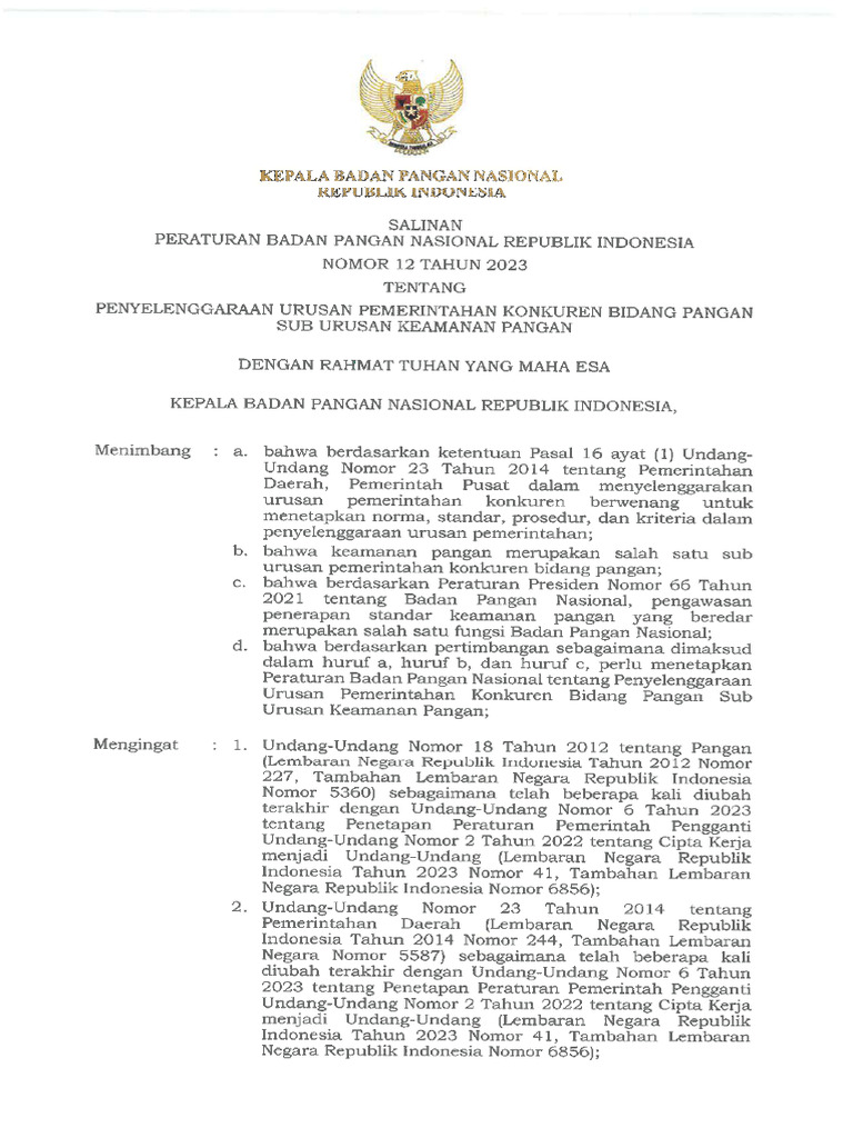 Salinan Perbadan 12 Tahun 2023 Tentang Konkuren Bidang Pangan | PDF