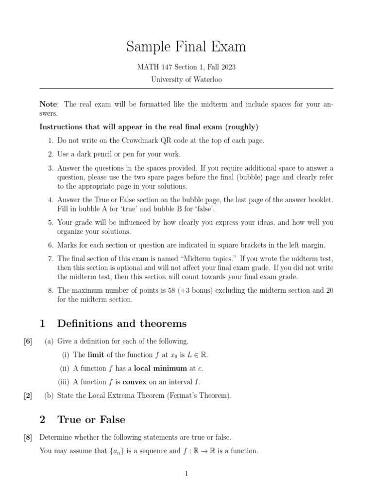 MATH 147 Final Exam Overview | PDF | Function (Mathematics) | Derivative