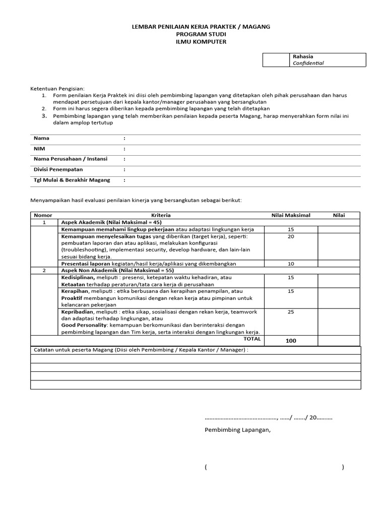 Form Penilaian Magang | PDF