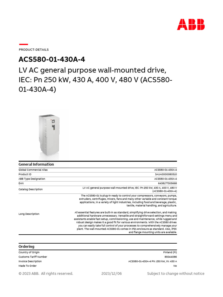 ACS580-01-430A-4 Drive Specifications | PDF | Electricity | Computer ...