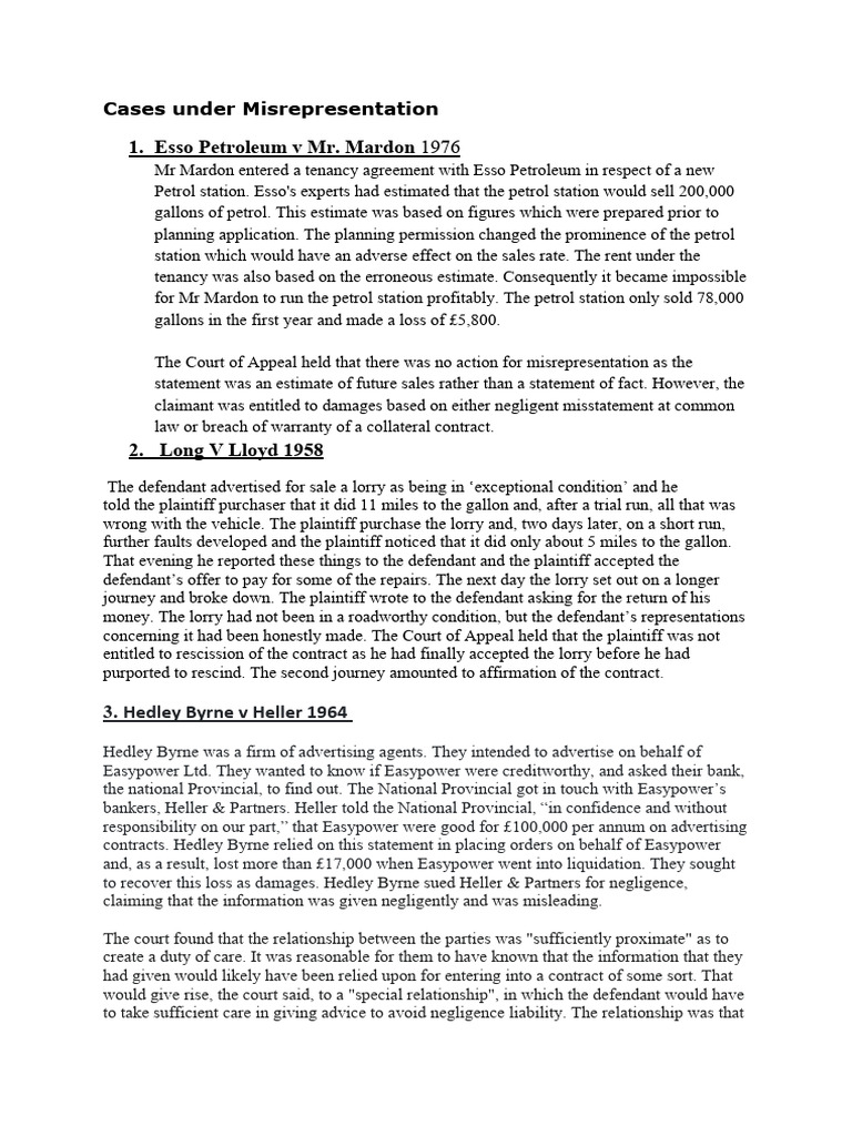 Esso v Mardon Case Summary | PDF | Misrepresentation | Negligence