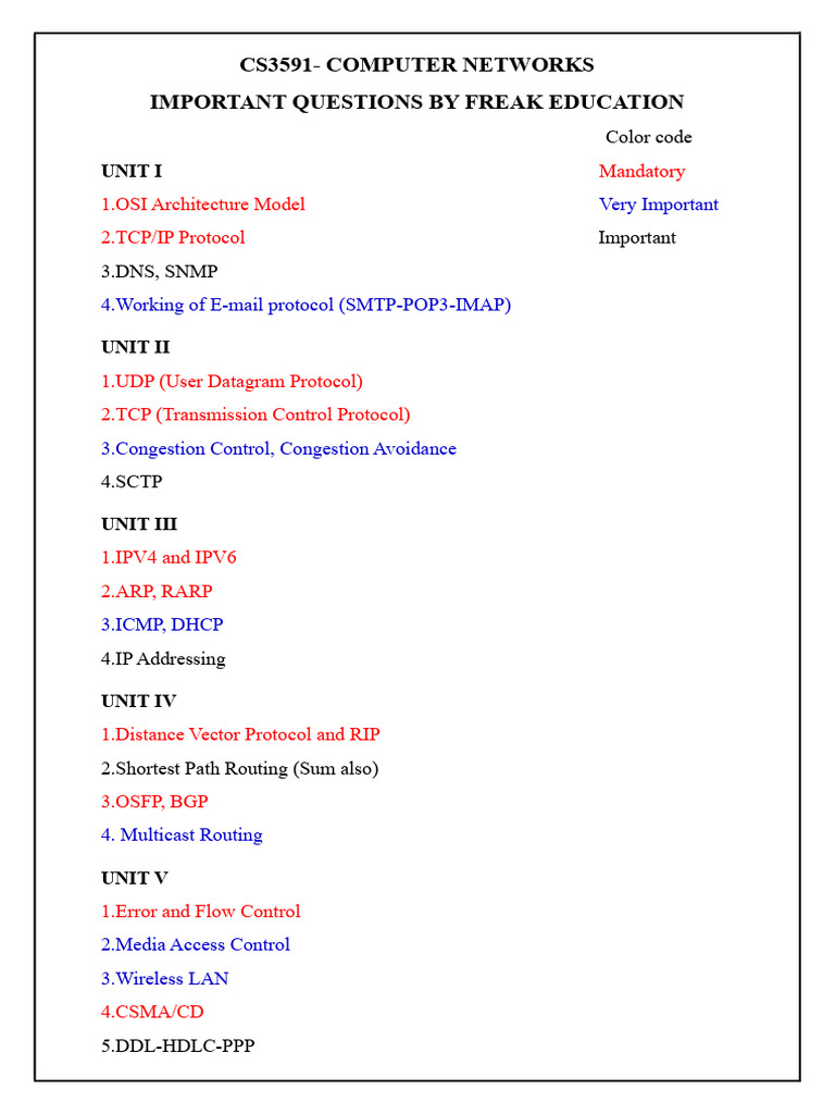 CS3591 Computer Networks Important Questions PDF