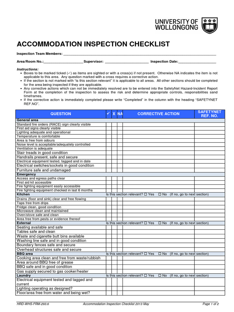 Accommodation Inspection Checklist 2013 | PDF | Kitchen Stove ...