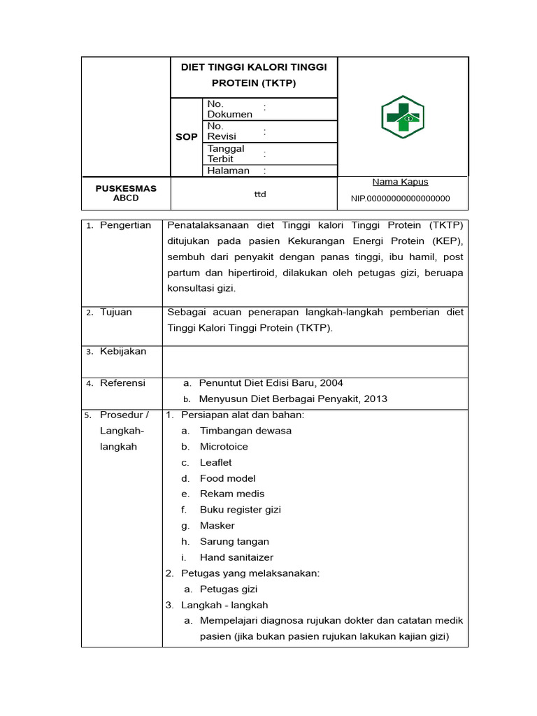 SOP DIET TINGGI KALORI TINGGI PROTEIN (TKTP) | PDF