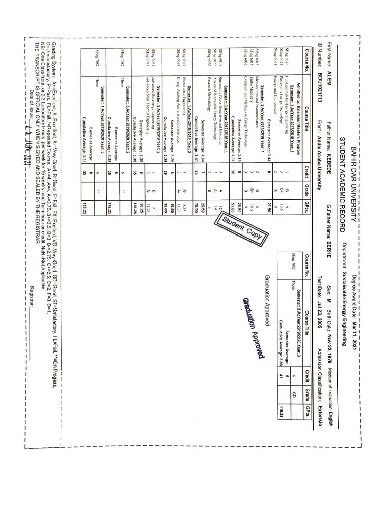 Bahir Dar University Transcript | PDF