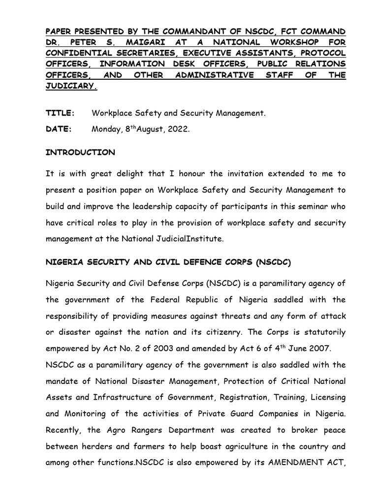 Workplace Safety and Security Management by The Commandant of NSCDC
