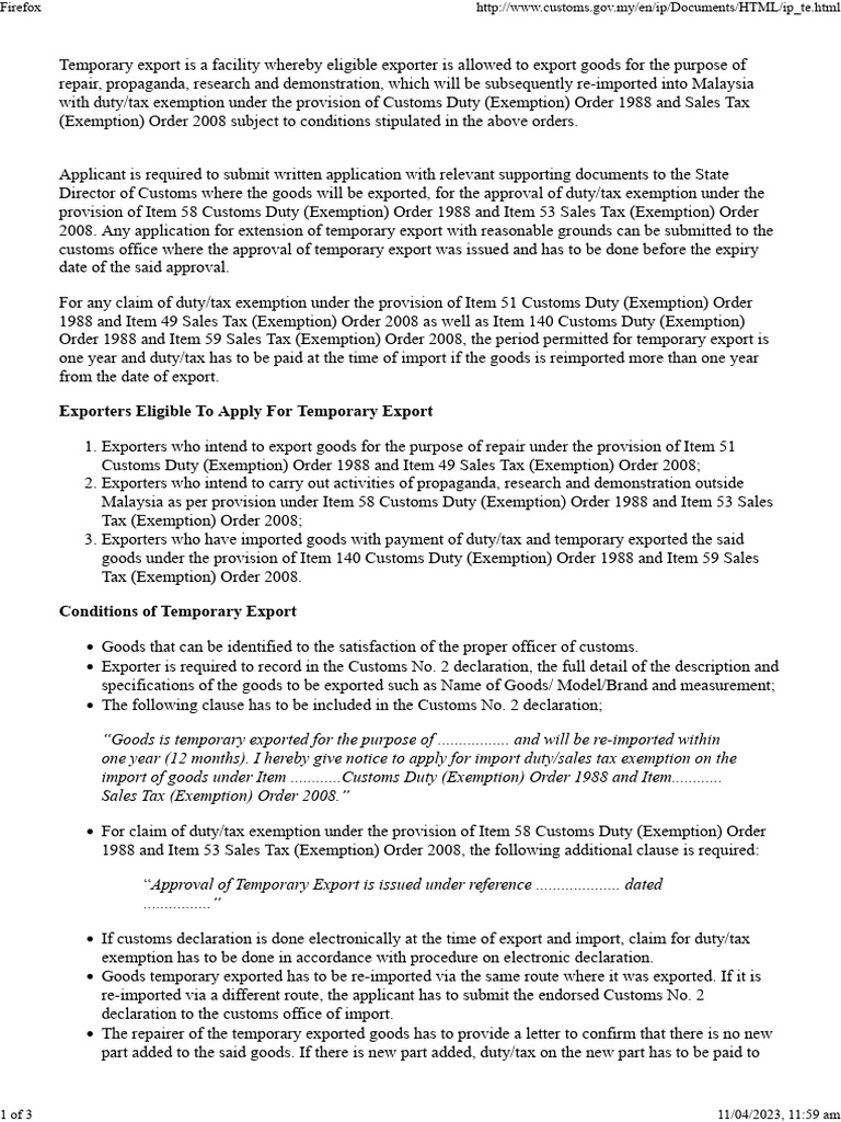 Temporary Export For Repair PDF Tax Exemption Customs