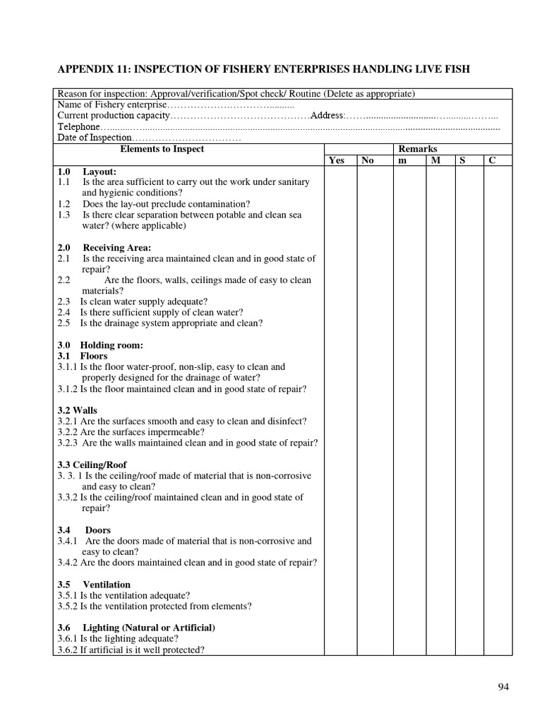 Fishery Inspection Checklist | PDF | Hygiene | Hand Washing