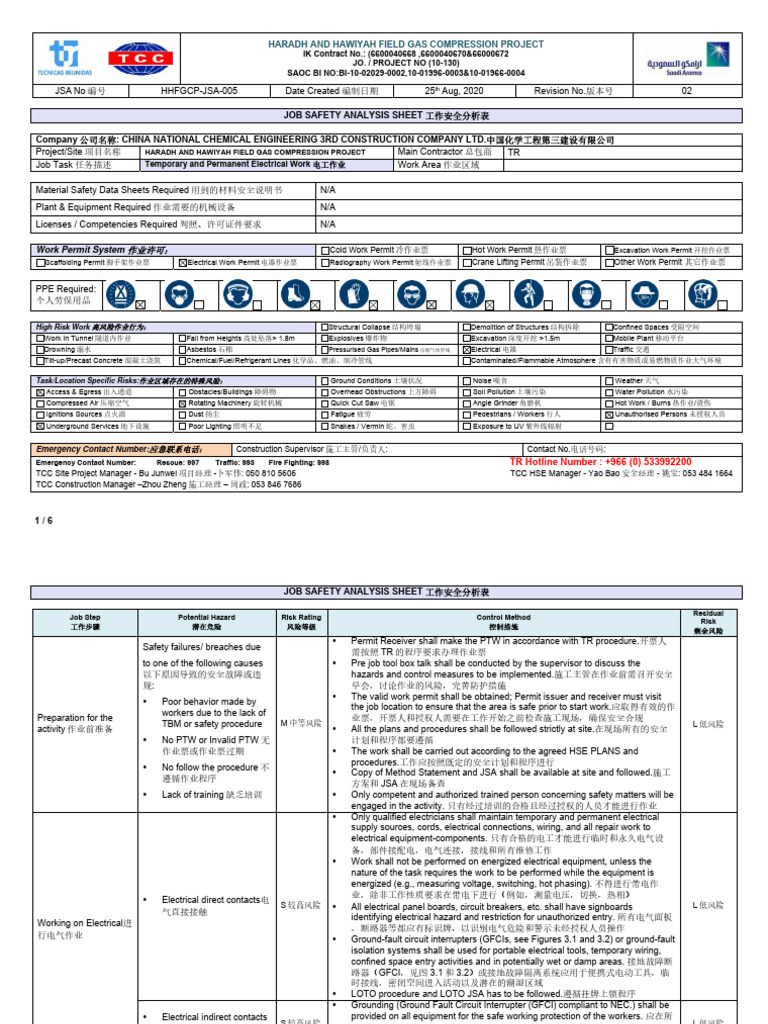 JSA005Temporary and Permanent Electrical Work电工作业 PDF