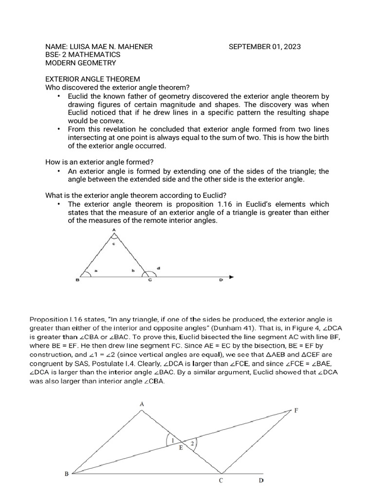 Euclid's Exterior Angle Theorem Explained | PDF | Science & Mathematics