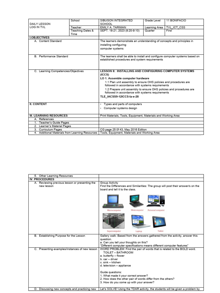 Daily Lesson Plan: Computer Assembly Skills | PDF | Learning | Teachers