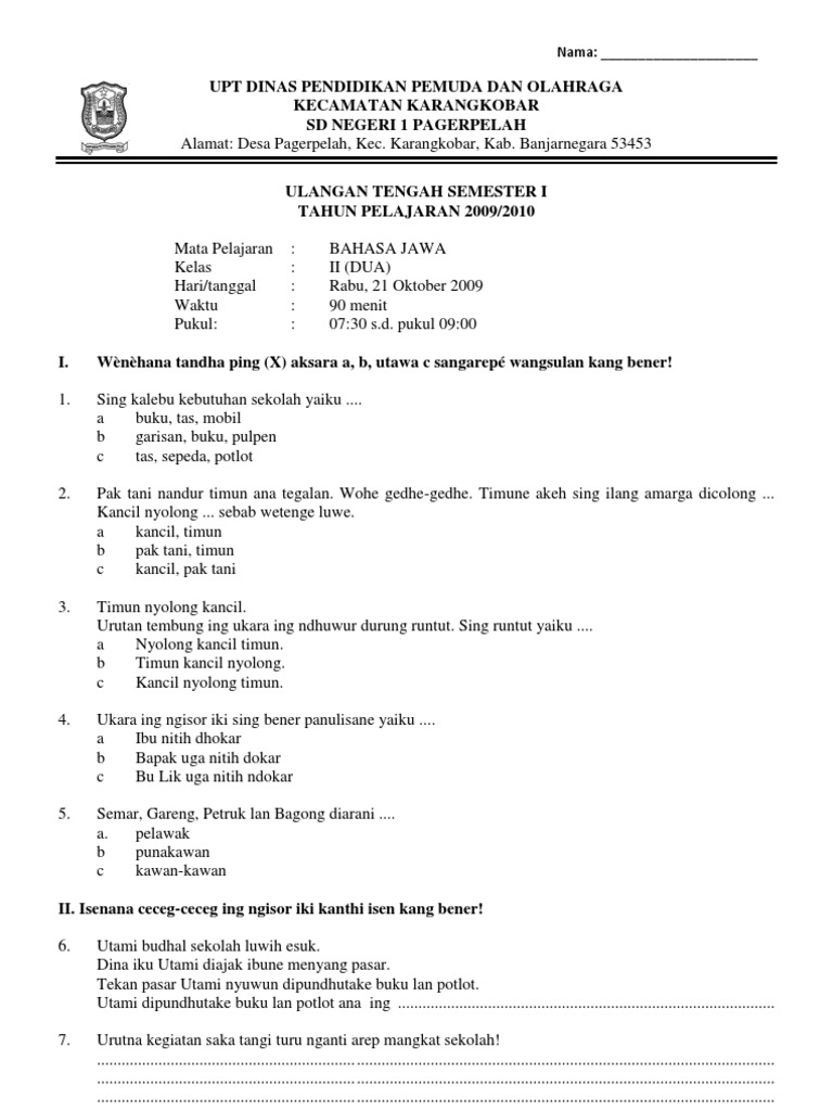 Soal Pilihan Ganda Bahsa Jawa Kelas Xi Bellfasr