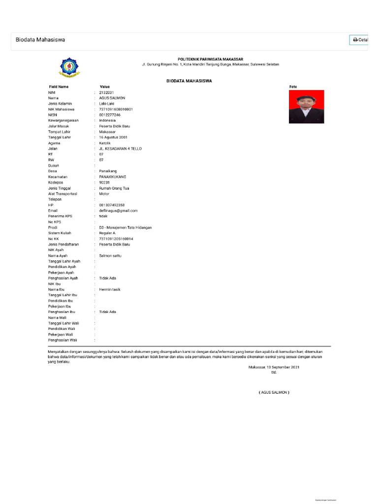 Biodata Mahasiswa Pdf