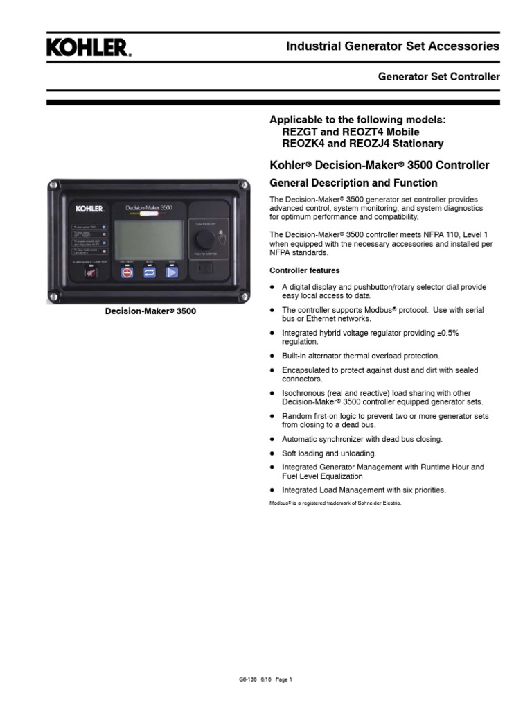 Industrial Generator Set Accessories: Kohlerr Decision-Makerr 3500 ...