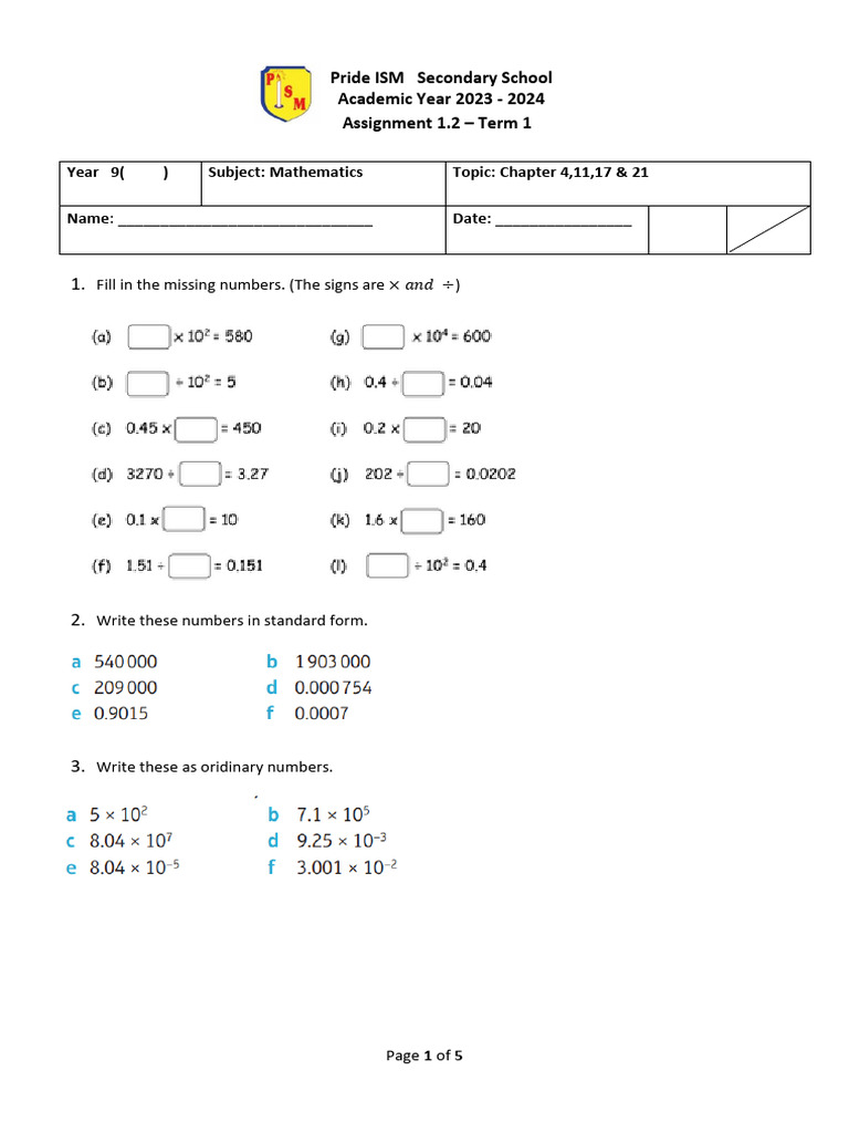 Year 9 Maths Assignment 2023-24 | PDF | Teaching Methods & Materials