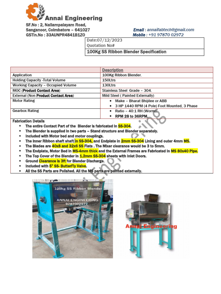 100Kg SS Ribbon Blender Specification PDF