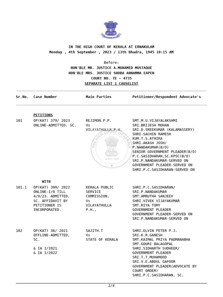 Court Cause List PDF Judiciaries