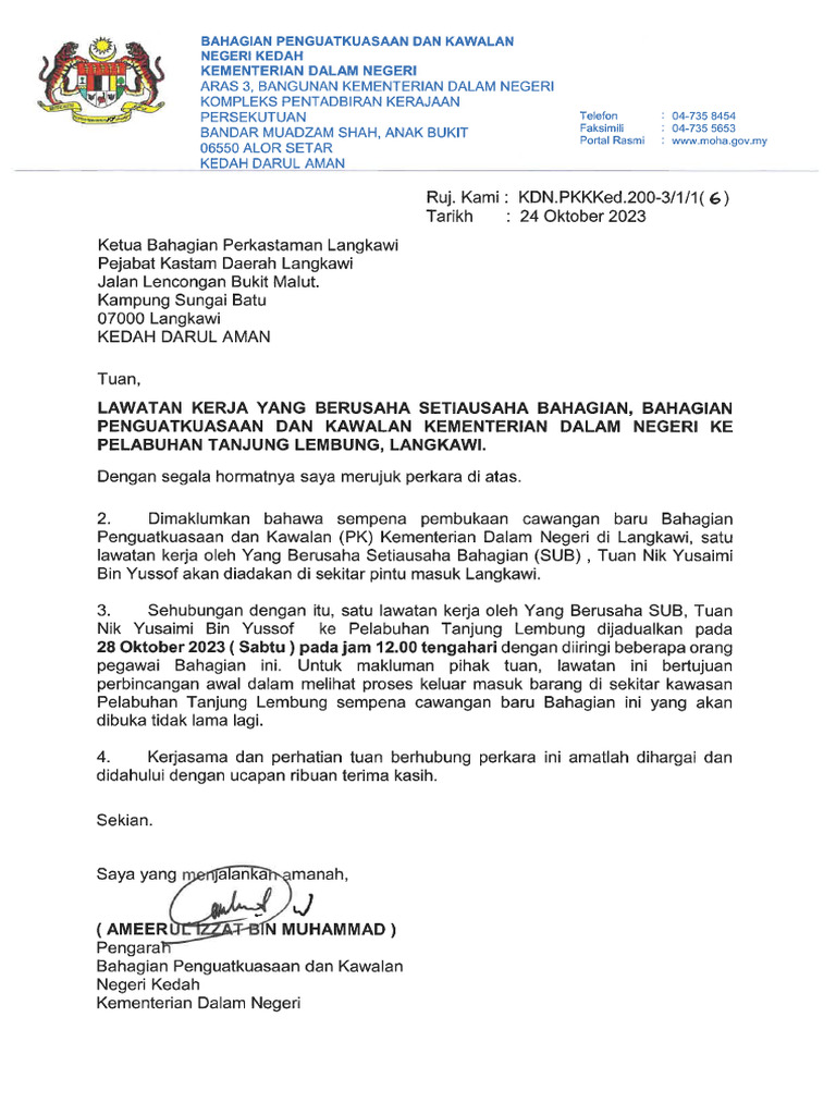 Surat Makluman Lawatan Kerja Sub Kepada Kastam Langkawi | PDF