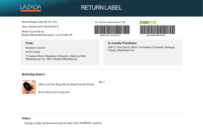 Return Request for Wrong Item - RA Code | PDF