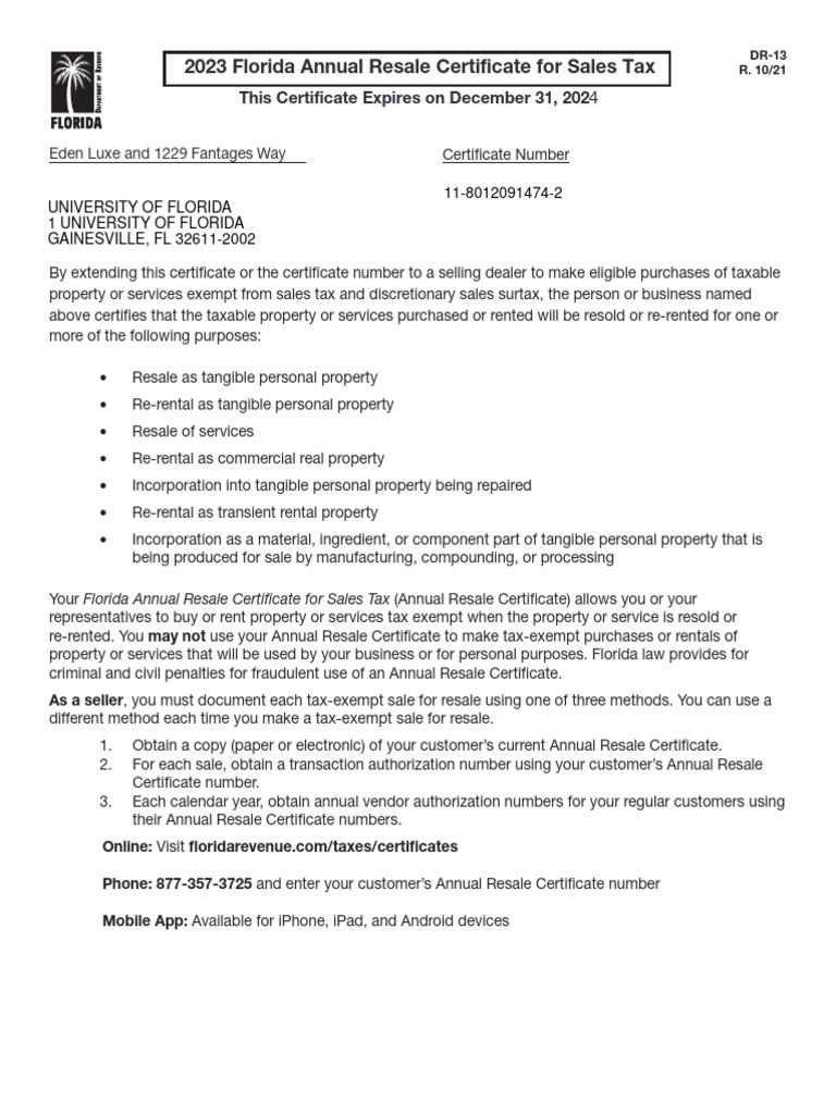 2024 Florida Annual Resale Certificate | PDF | Sales Taxes In The ...