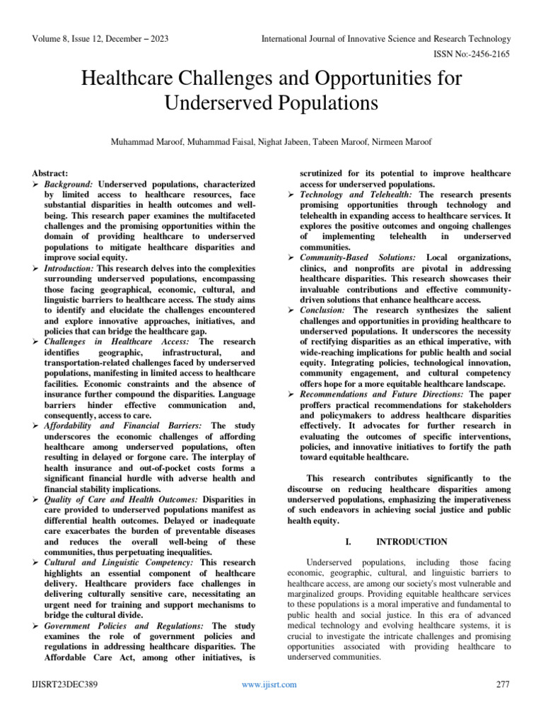 Healthcare Challenges and Opportunities for Underserved Populations