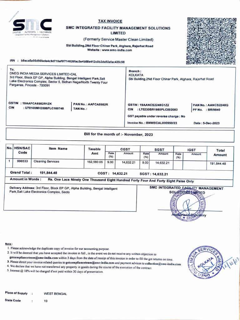 SMC Facility Management Invoice Details | PDF | Invoice | Financial ...