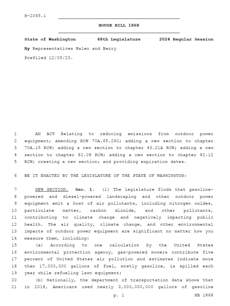 Washington State HOUSE BILL 1868 PDF Low Carbon Economy Efficient Energy Use