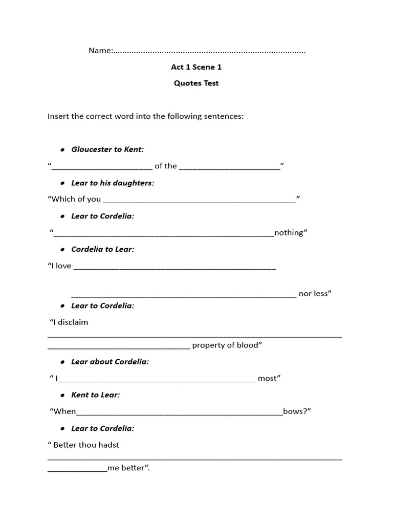 King Lear Quotes Test Act 1 Scene 1 | PDF