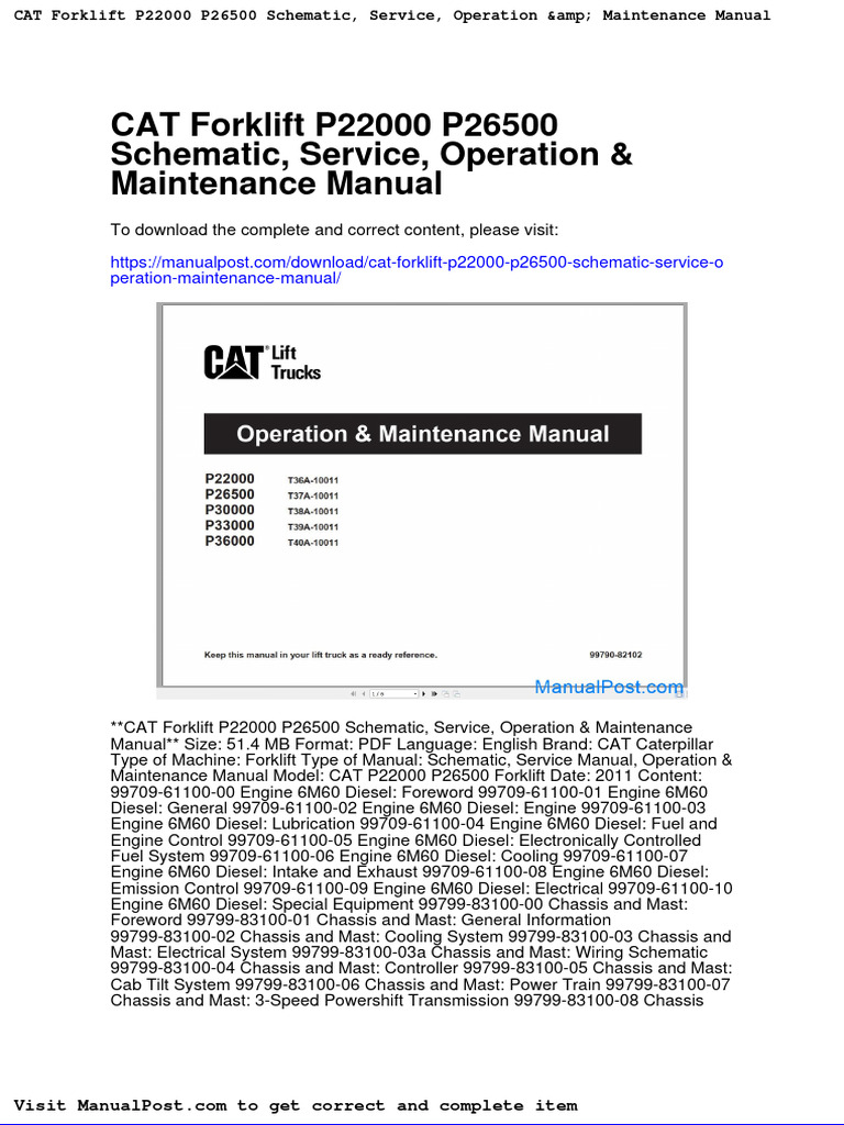 Cat Forklift p22000 p26500 Schematic Service Operation Maintenance