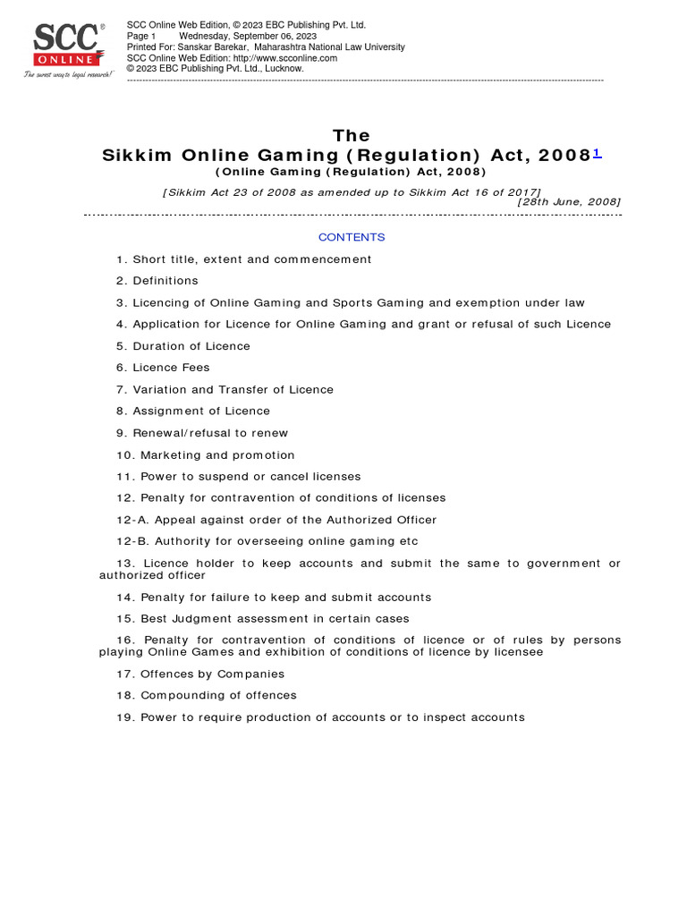 Sikkim Online Gaming (Regulation) Act, 2008, SCC, 2017 PDF License