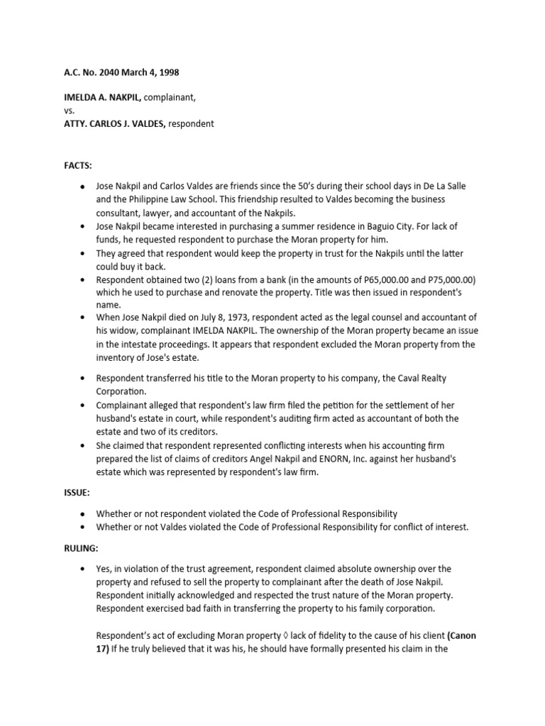CASE 6 NAKPIL v. VALDES PDF Lawyer Conflict Of Interest