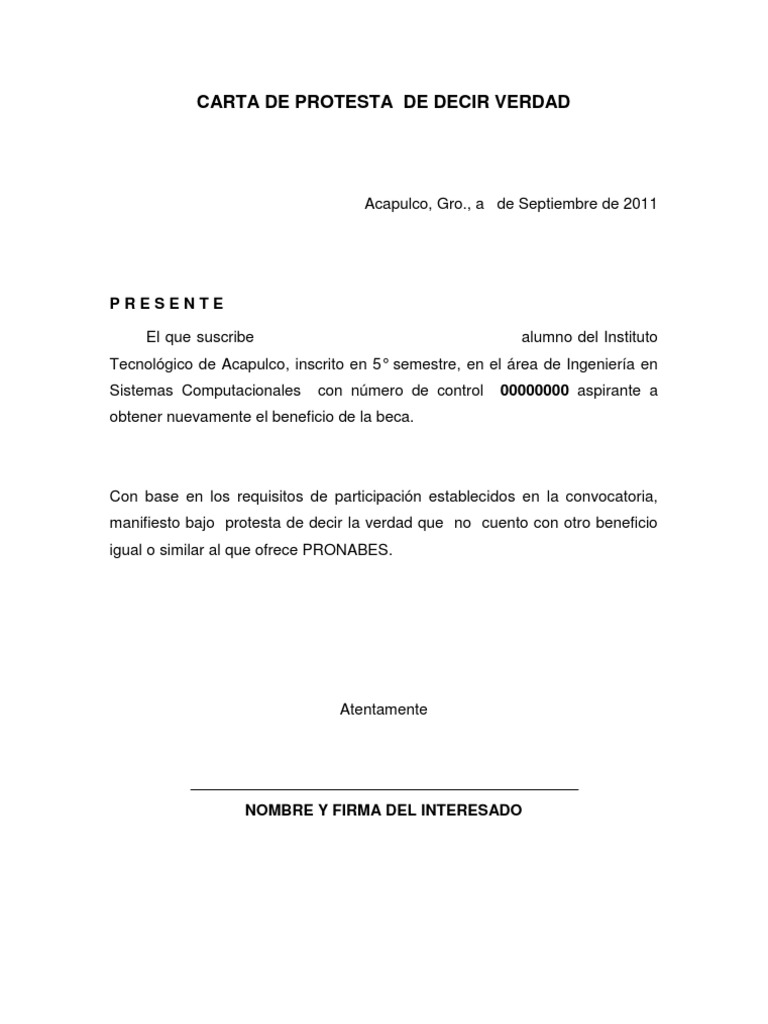 Carta de Protesta de Decir Verdad | PDF