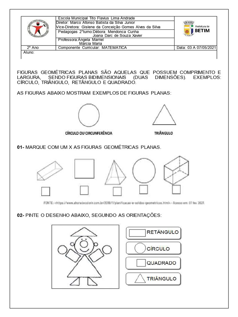 Atividades de Figuras Planas - 2º Ano | PDF | Geometria | Matemática