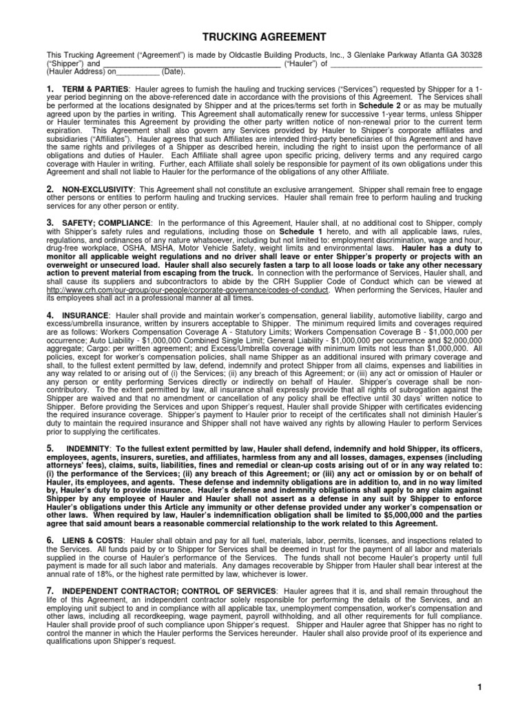 Trucking Agreement 2017 PDF Indemnity Liability Insurance