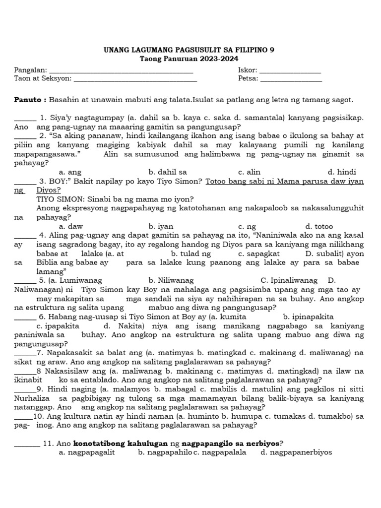 Unang Lagumang Pagsusulit Sa Filipino 9 | PDF