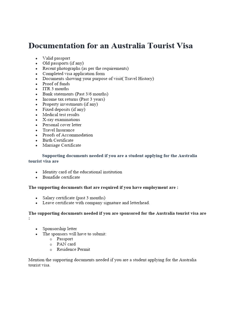 australia tourist visa checklist from india
