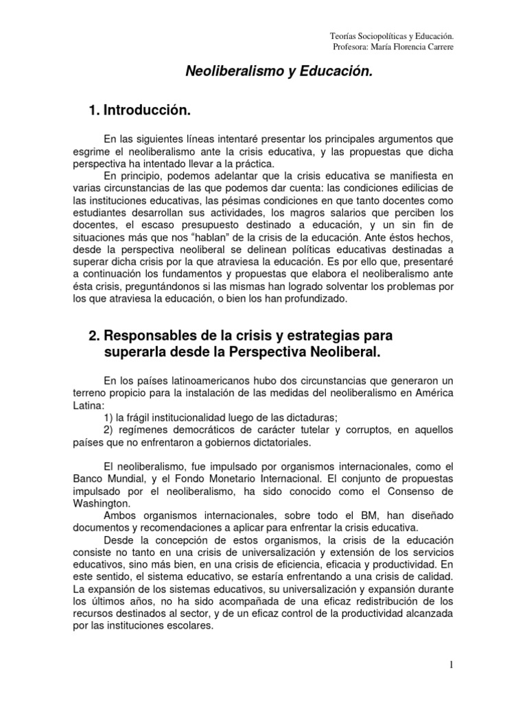 Neoliberalismo y Crisis Educativa | PDF | Neoliberalismo | Plan de estudios