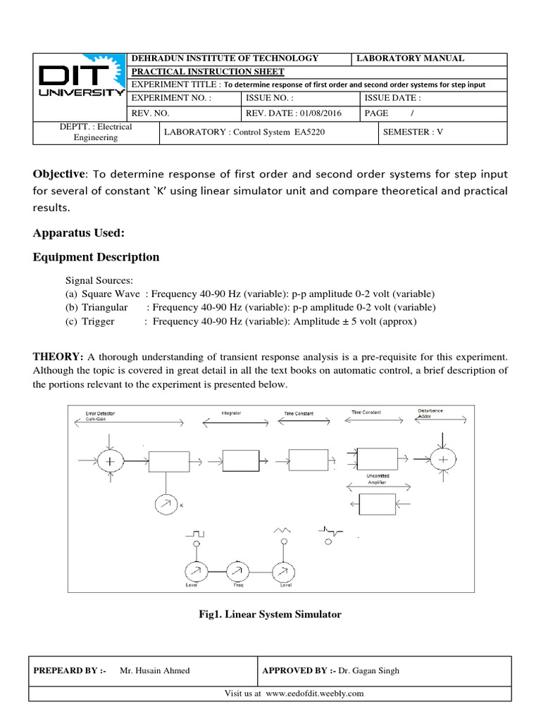 Lab manual control lab to determine the response of ist order and iind