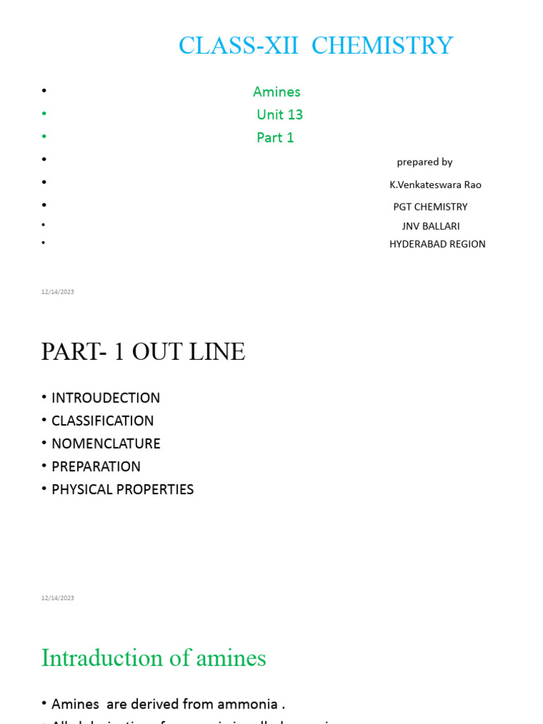 Class - 12 Chemistry - Amines | PDF | Amine | Chemical Reactions