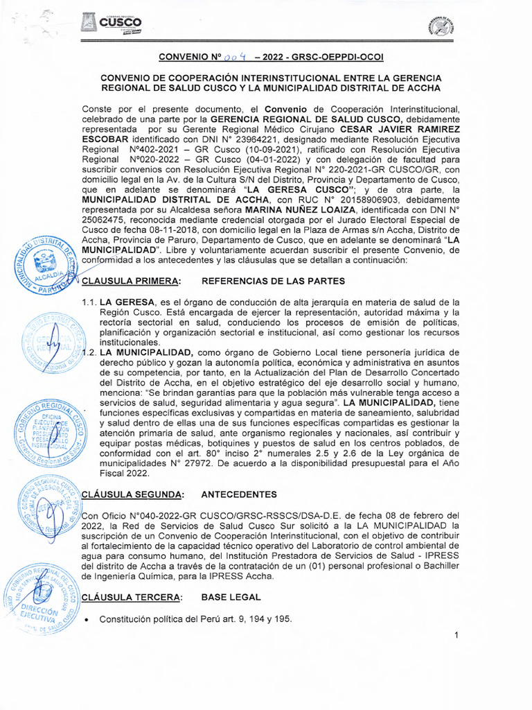 Convenio de Salud entre Cusco y Accha | PDF | Laboratorios | Agua