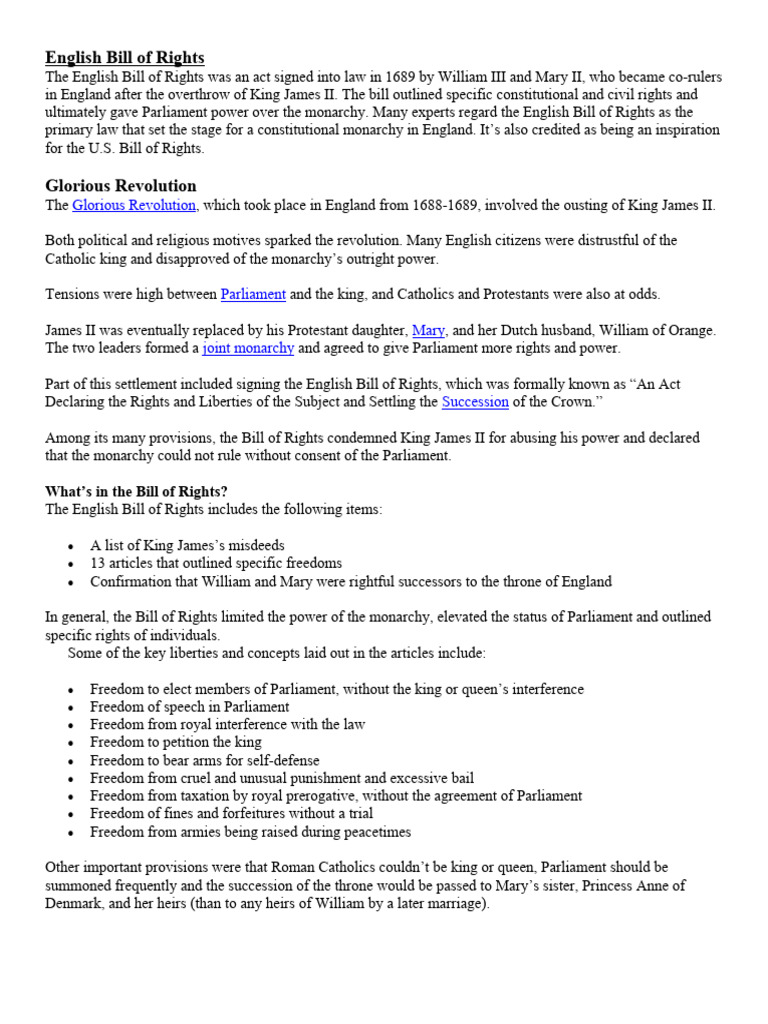 English Bill of Rights Overview 1689 | PDF | Parliament | Monarchy