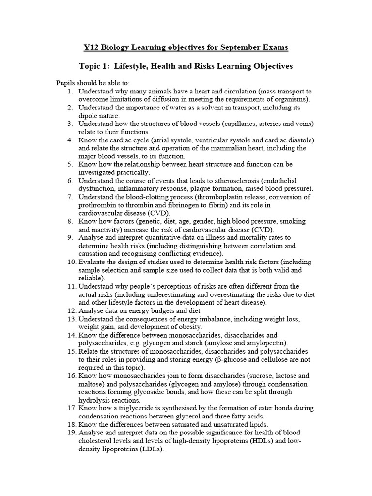 Y12 Biology Learning Objectives For September Exams PDF Rna Gene