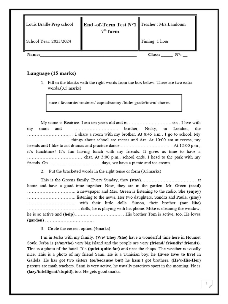 7th Form End-of-Term Test N°1 | PDF