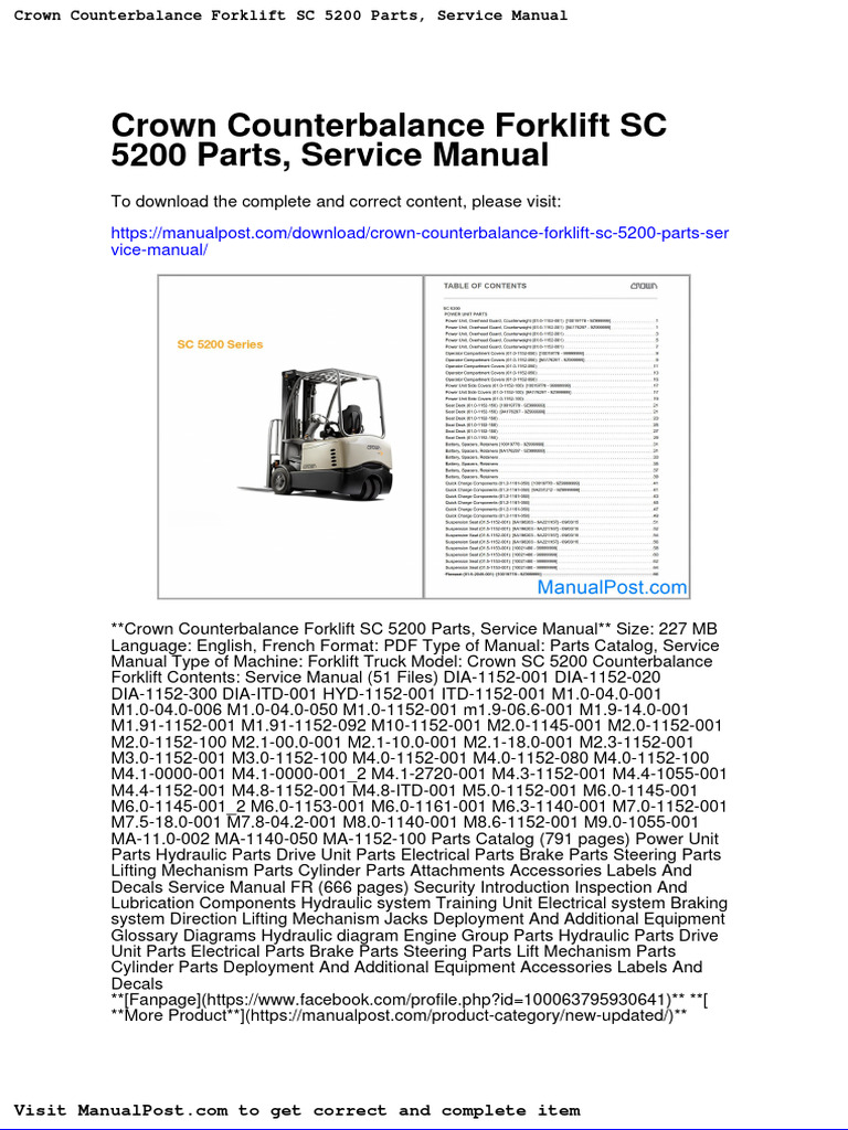 Crown Counterbalance Forklift SC 5200 Parts Service Manual PDF