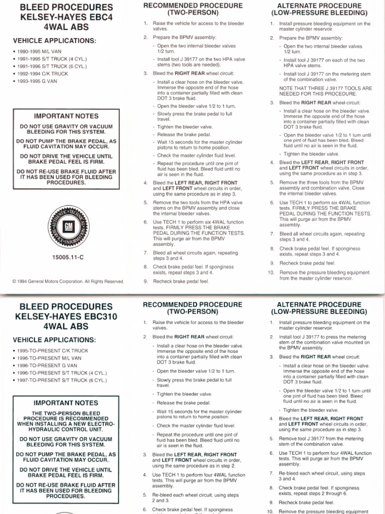 1990s GM Light Truck Kelsey Hayes ABS Brake Bleeding Procedure Ref