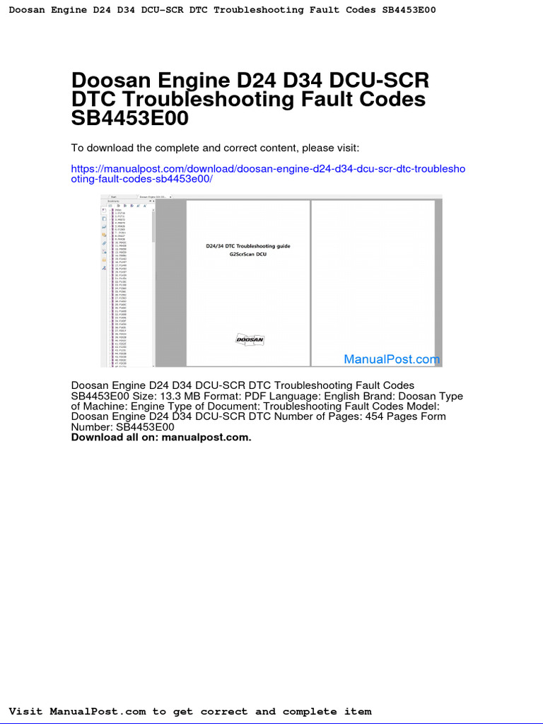 Doosan Engine d24 d34 Dcu SCR DTC Troubleshooting Fault Codes Sb4453e00