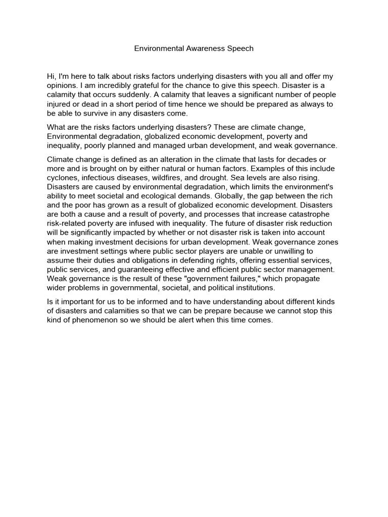 Speech on Environmental Awareness Risks | PDF