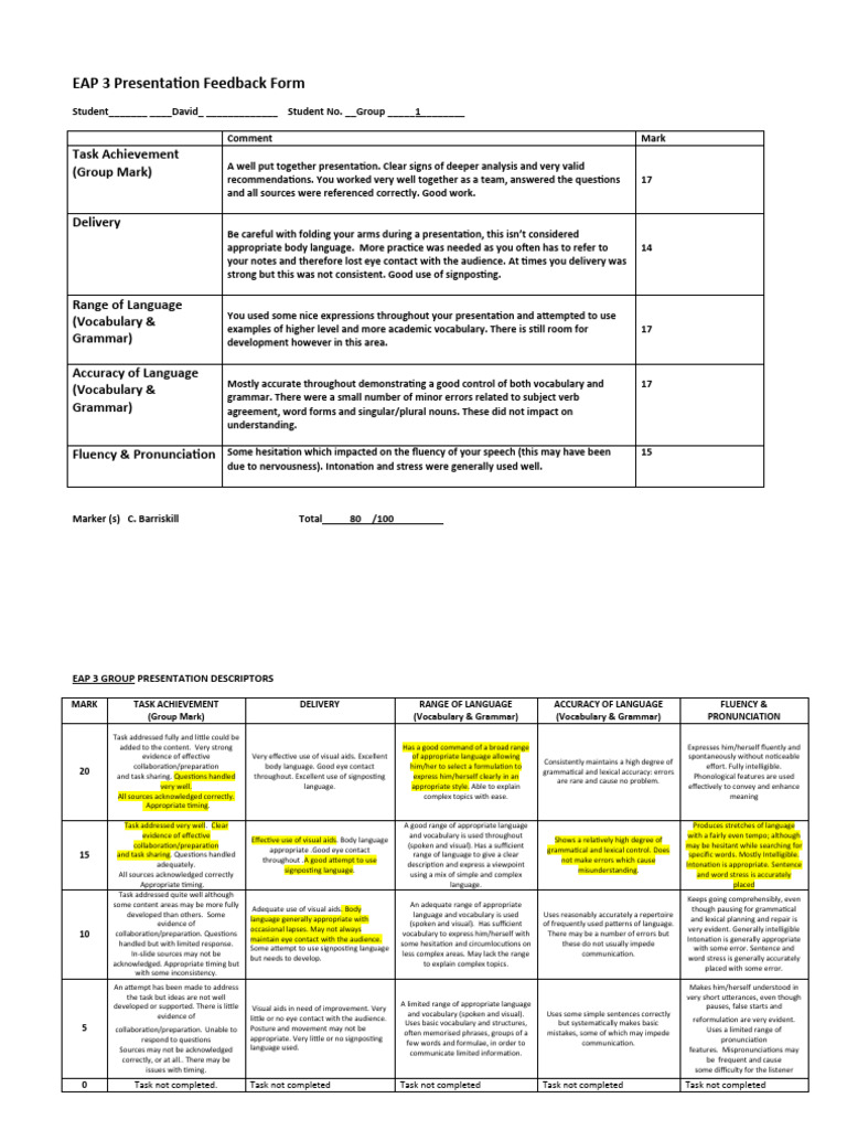 EAP 3 Presentation Feedback Form-David | PDF | Language Mechanics | Grammar