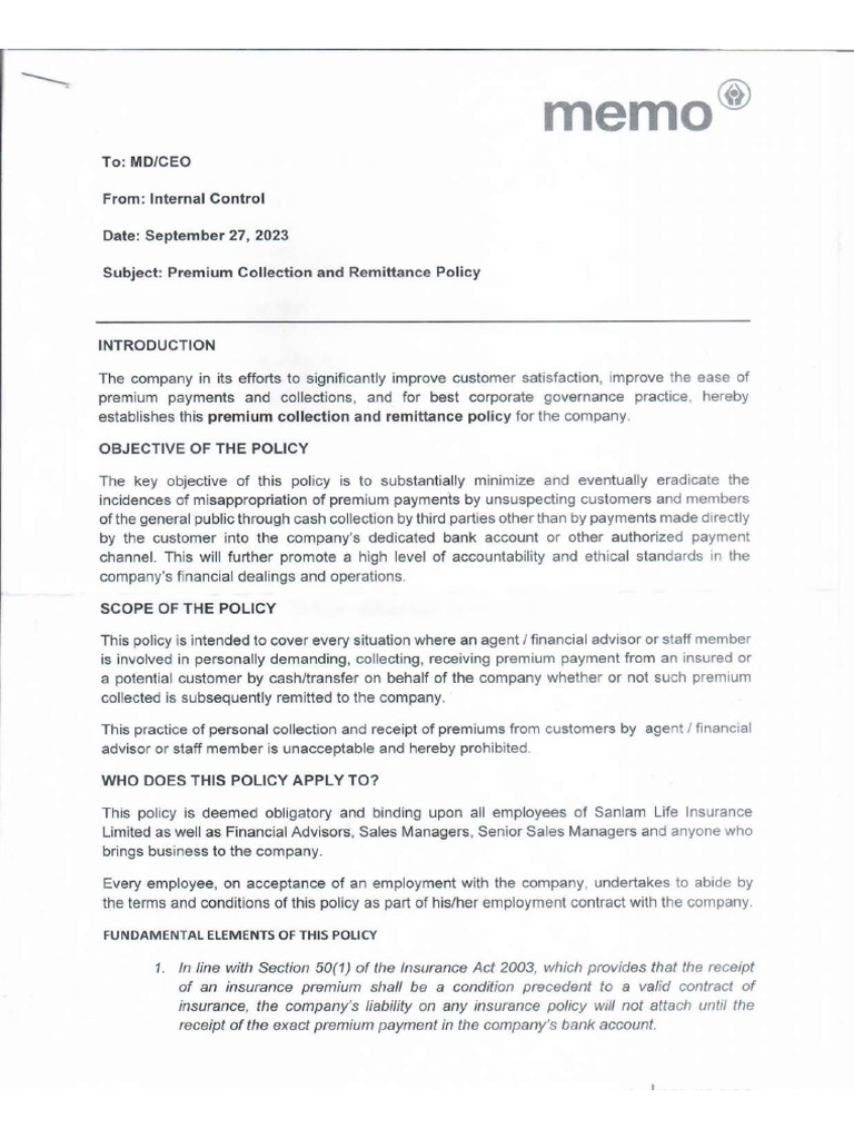Premium Collection and Remittance Policy | PDF